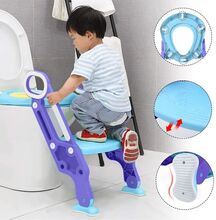 LZQ barntoalettsits, med PU-kudde + handtag, justerbar hopfällbar med steg, blå + lila