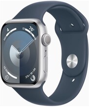 Apple Watch Series 9 (GPS) - 45 mm - silveraluminium - smart klocka med sportband - fluoroelastomer - stormbl¨ - bandstorlek: M/L - 64 GB - Wi-Fi, UW