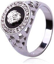 Hip Hop Platinum Plated Lion Head Rhinestone Ring for Men, US Size: 9, Inner Diameter: 19mm, Perimeter: 59mm(Silver)