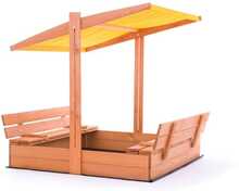 Sandlåda - trä - med tak och bänkar - 120x120 cm - gul