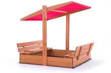 Sandlåda - trä - med tak och bänkar - 140x140 cm - röd