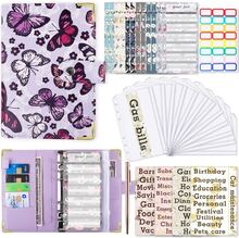 A6 PU Leather Color Printing Notebook Zipper Bag Loose-leaf Budget Binder(Butterfly-Purple)