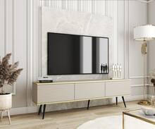 Tv-skåp Med Lameller I Beige Färg Med Guldben, D: L: 175 Cm, ​​H: Cm, D: 32 Cm. Vardagsrumsmöbler, tv-bänk, tv-bord