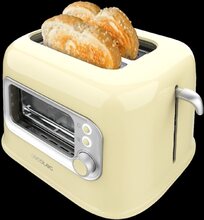 Cecotec Toaster with glass window, retro design, and dust cover.