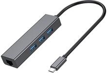 NÖRDIC USB C till Ethernet Giga nätverksadapter med 3xUSB 3.1 hubb, 17cm, Aluminium Space Grey