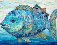 Fisch, Blaue Farben - Malen nach Zahlen, 50x40cm / Ohne Rahmen / 24 Farben (Einfach)