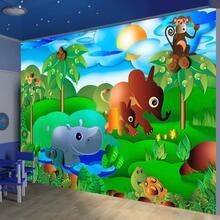 Fototapet - Wild Animals in the Jungle - Elephant, monkey, turtle with trees for children - Standard 100x70