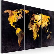 Schilderij - Wereldkaart - De Wereld als Woestijn, Zwart/Goud, 3luik , premium print op canvas