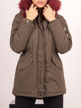 Womens Fur Lining Parka Khaki/Burgundy (M)