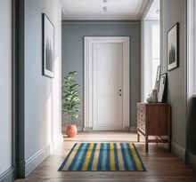 Geel en blauwe strepen vinyl tapijt