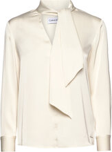 Satin Shine Ls Tie Blouse Designers Blouses Long-sleeved Cream Calvin Klein