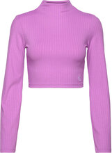 Shiny Rib High Neck Long Sleeve Tops Crop Tops Long-sleeved Crop Tops Purple Calvin Klein Jeans
