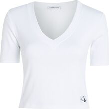 Woven Label Rib V-Neck Tee Tops Crop Tops Short-sleeved Crop Tops White Calvin Klein Jeans