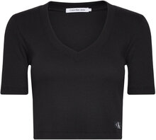 Woven Label Rib V-Neck Tee Tops Crop Tops Short-sleeved Crop Tops Black Calvin Klein Jeans