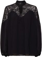 Chiffon Blouse With Lace Tops Blouses Long-sleeved Black Esprit Collection