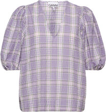 Seersucker Check V-Neck Blouse Tops Blouses Short-sleeved Purple Ganni
