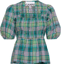 Seersucker Check Tops Blouses Short-sleeved Green Ganni
