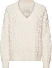 Textured Cotton V-Neck Pullover Creme GANT*Betinget Tilbud