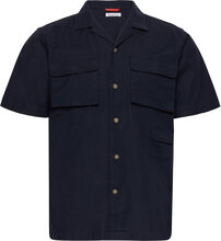 Wave Utility Stretch Canvas Box Fit Tops Shirts Short-sleeved Navy Knowledge Cotton Apparel