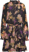 Floral Belted Crinkle Georgette Dress Kort Klänning Black Lauren Ralph Lauren