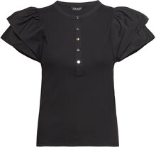 Stretch Cotton Flutter-Sleeve Henley Top Tops Blouses Short-sleeved Black Lauren Ralph Lauren