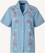 Ajla Embroided Linen Blend Blouse Tops Shirts Short-sleeved Blue Lexington Clothing
