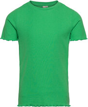 Pkdora Ss O-Neck Solid Rib Top Tops T-shirts Short-sleeved Green Little Pieces