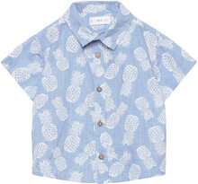 Printed Cotton Shirt Shirts Short-sleeved Shirts Blå Mango*Betinget Tilbud