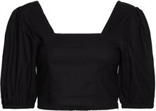 Shelba Cropped Linen Blouse 4 Tops Crop Tops Short-sleeved Crop Tops Black Minus