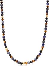 Beaded Necklace With Dumortierite, Brown Tiger Eye, And Gold Halskæde Smykker Blue Nialaya