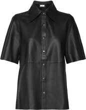 Niko Collar Leather Shirt Tops Shirts Short-sleeved Black NORR