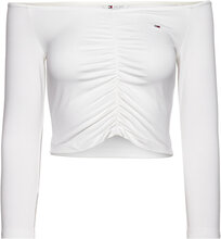 Tjw Crp Off Shldr Gathering Ls Tops Crop Tops Long-sleeved Crop Tops White Tommy Jeans