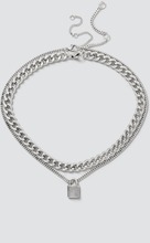 Silver Textured Padlock Layered Necklace