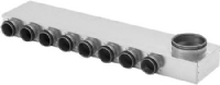 InDomo fordelerboks MRU 160 (højre) med 10+0 afgange ø63 mm med LindabSafe tætning for tilslutning til rør SR63 eller slange LFPE.
