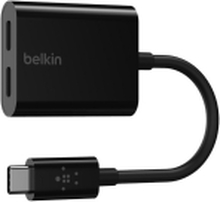 Belkin Connect Audio + Charge - USB-C til USB-C hodetelefoner / ladeadapter - 24 pin USB-C hann til 24 pin USB-C hunn - 14 m - svart - USB Power Delivery (60W)