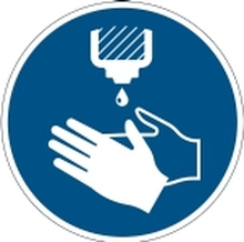 Påbudsskilt Brug håndsprit Ø43cm 0,2 mm aftagelig blå