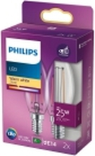 Philips - LED-filamentlyspære - form: B35 - klar finish - E14 - 2 W (ekvivalent 25 W) - klasse E - varmt hvitt lys - 2700 K - gjennomsiktig (en pakke 2)