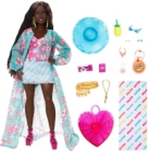 Barbie-dukke Mattel Extra Fly Stranddukke på farten med strandklær + lue, tropisk kappe og stor bag HPB14