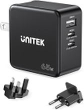 Unitek - Strømadapter - GaN - 65 Wh - 3.25 A - PD, Quick Charge 3.0 - 2 utgangskontakter (USB, 2 x USB-C) - svart