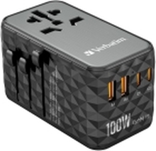 Verbatim UTA-06 - Strømadapter - GaN III, universal - 100 watt - 5 A - Apple Fast Charge, Fast Charge, PD 3.0, QC 3.0, QC 4+, Super Charge, BC1.2, PD/PPS - 4 utgangskontakter (2 x USB, 2 x USB-C) - svart