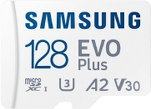 Samsung EVO Plus MB-MC128S - Flashminnekort (microSDXC til SD-adapter inkludert) - 128 GB - A2 / Video Class V30 / UHS-I U3 / Class10 - microSDXC UHS-I - hvit
