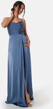 Bubbleroom Occasion Waterfall High Slit Satin Gown Blue 38