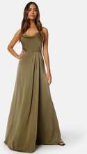 Bubbleroom Occasion Waterfall High Slit Satin Gown Olive green 38