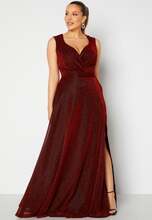 Goddiva Curve Glitter Wrap Front Maxi Curve Dress With Split Red 48 (UK20)