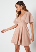 Goddiva Flutter Sleeve Glitter Skater Dress Blush XXL (UK18)