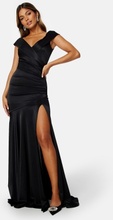 Goddiva Satin Bardot Pleat Maxi With Split Black XXL (UK18)