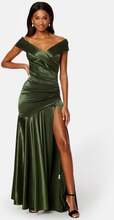 Goddiva Satin Bardot Pleat Maxi With Split Olive XS (UK8)