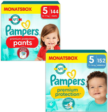 Pampers Bleesæt Premium Protection Pants, størrelse 5, 12-17 kg (144 bleer) og Premium Protection bleer, størrelse 5 Junior , 11-16 kg (152 bleer)