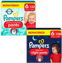 Pampers Premium Protection Pants, størrelse 6, 15 kg+ (132 bukser) og Baby-Dry Pants Night , størrelse 6, 15 kg+ (138 bukser)