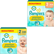 Pampers Premium blesæt Protection , New Baby størrelse 2 mini, 4-8 kg, månedskasse (1x 240 bleer) og størrelse 3 midi, 6-10 kg, månedskasse (1x 204 bleer)
